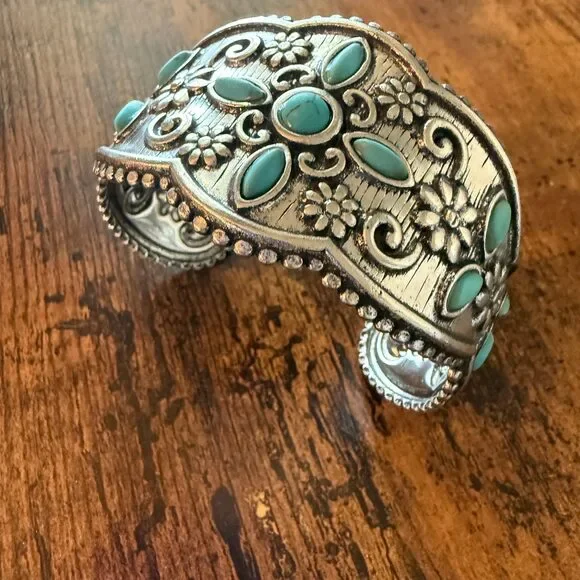 Western Cowgirl Turquoise Gemstone Floral Wide Cuff Bracelet in Mixed Metals - Picture 1 of 11